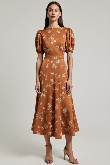 Orange Floral Printed Bateau Neck Long Work Dress With Sleeves